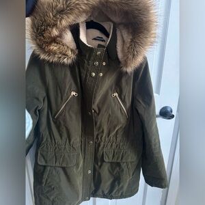 Nautica Olive Green Women's Jacket with Removable Fur Hood